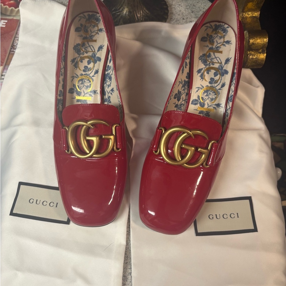 Gucci Red Patent Leather Loafers with Gold Logo